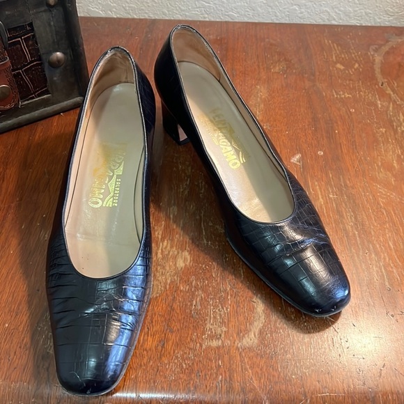 Salvatore Ferragamo Vintage Reptile Leather Block Heels - Size 8 1/2 3 A - Picture 1 of 8